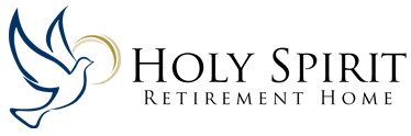 Logo of Holy Spirit Retirement Home featuring a stylized blue dove with a gold halo on the left and the name in black text on the right.