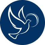 A white dove with its wings spread and a blue circle around it.